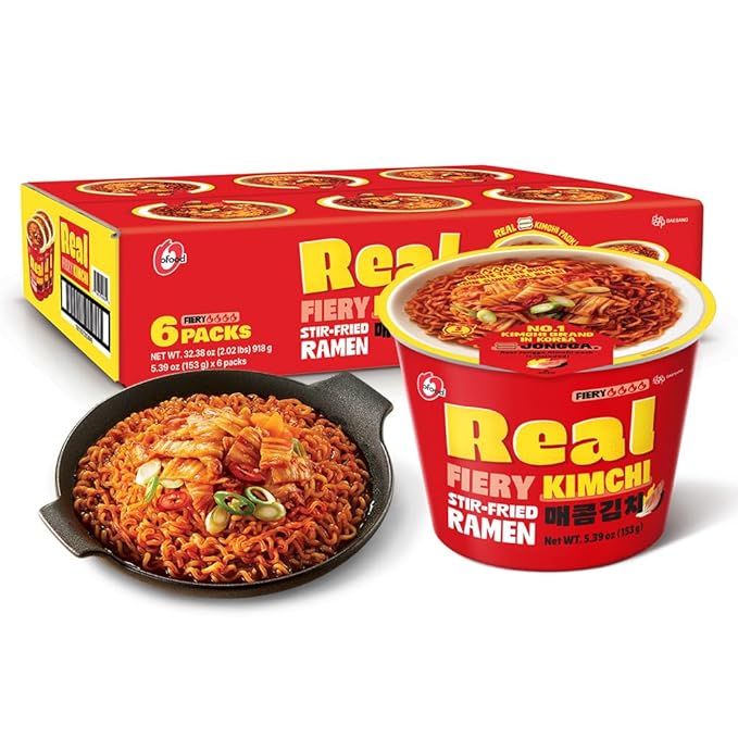 Instant Ramen Cup Noodles [STIR FRY Kimchi | 6 CUPS/Pack] – Healthy, Bold & Tangy | Korean Spicy Noodle Soup with Real Fermented Kimchi | 0 Trans Fat | Easy to Cook Meal or Snack - O’food