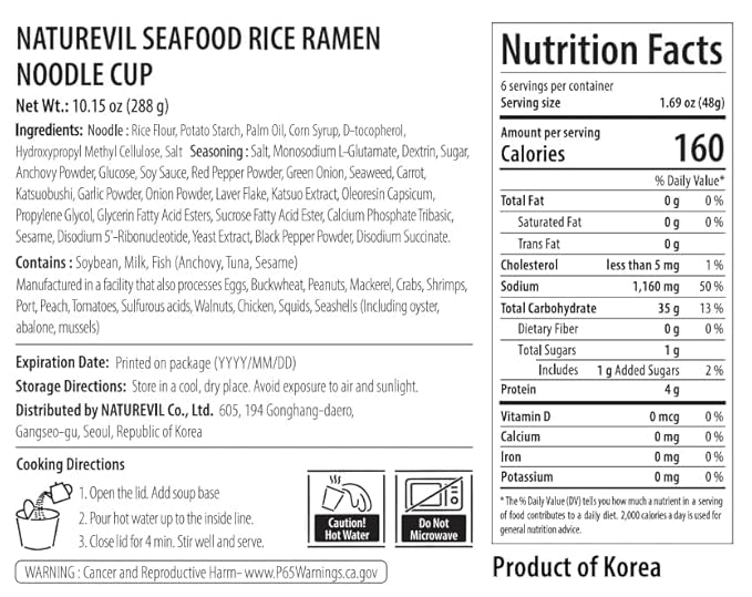 NATUREVIL Seafood Rice Ramen Noodle Cup 1.69 oz (Pack of 6) Korean Instant Authentic Savory Noodle Soup, Non-GMO, Gluten-free Noodle, Air Dried
