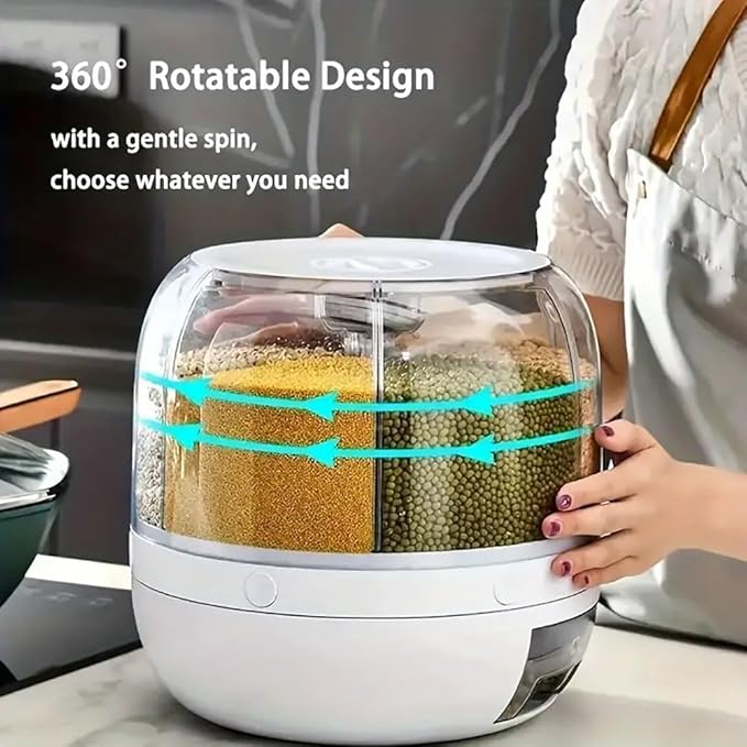 Rotating grain distributor, 6-grid large rice storage container for storing rice, beans and cat food, sealed and moisture-proof, large size.