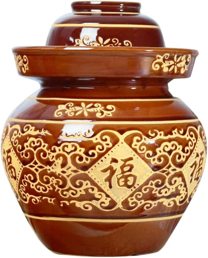 HEMOTON Glass Pitcher Pottery Fermenting Jar Chinese Pickle Jar Fermenting Crock with Water Seal Airlock Lid Jar Crock for Pickling Kimchi Sauerkraut Vegetables Brewing Wine Glass Containers