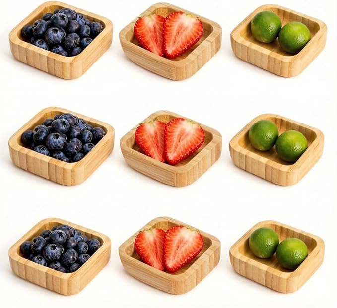Jucoan 10 Pack Small Bamboo Bowls, Square Wooden Sauce Dish Dipping Bowl for Condiments, Appetizers, Snack, Ketchup, Charcuterie Board, Unbreakable, Stackable, Lightweight