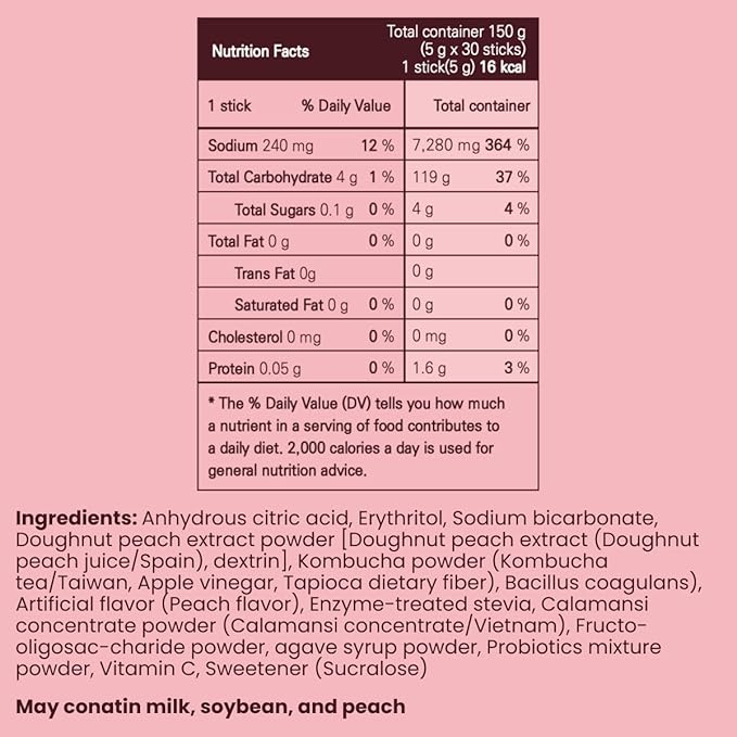 Unha's Everyday Kombucha Tea Powdered Beverage, 20 Sticks, Sparkling Powder Drink, Prebiotics, and Probiotics Sugar-Free - Peach Flavor