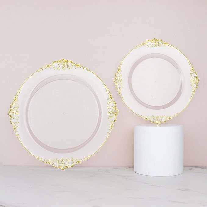 Efavormart 10 Pack | 10" Clear and Gold Baroque Dinner Plates, Leaf Embossed Metallic Rim Shatterproof Serving Plates for Modern Wedding Receptions