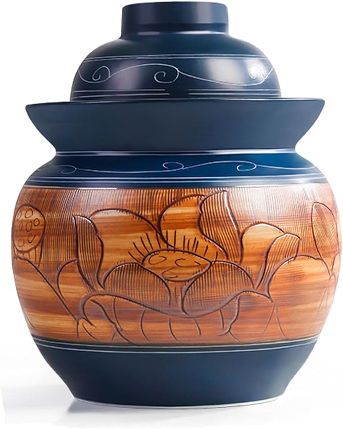 Traditional Chinese Porcelain Pickle Jar, Ceramic Fermenting Jar with Water Seal Airlock Lid, Turnip Kimchi Sauerkraut Fermentation Crock Pickling Pot(3.5kg, BlueA)