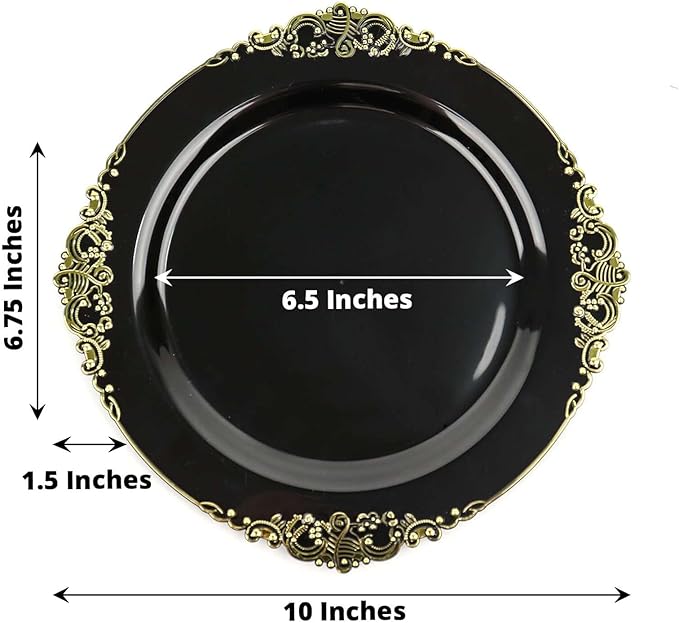 Efavormart 10 Pack | 10" Black and Gold Baroque Dinner Plates, Leaf Embossed Metallic Rim Heavy Duty Serving Plates for Evening Galas and Formal Hosting