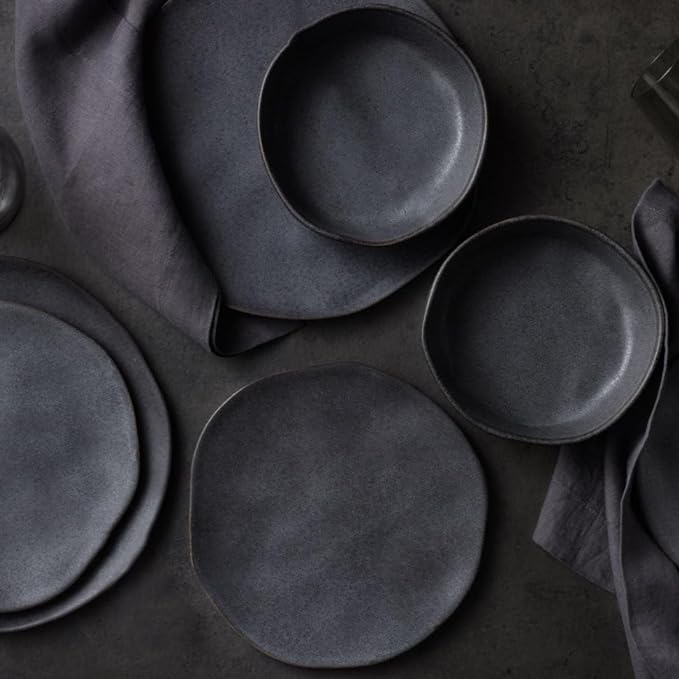 Stone by Mercer Project HEKONDA Modern Debossed Stoneware 16-Piece Dinnerware Set,Plate and Bowl Set, Dish Set for 4, Gray