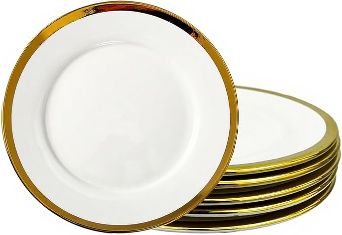 Salad & Dessert Plates, Set of 6, 8 inch, White Porcelain with Gold Trim, Elegant Ceramic Appetizer Plates for Bread, Snack and Finger Food, Round Serving Dishes for Wedding & Dinner Party