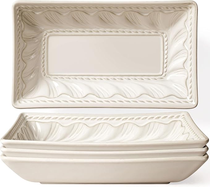 Artena 9.85" Ceramic Rectangle Plates Set of 4 - Deep Lipped Edges, Appetizer Salad Sushi Pasta Dessert Plates, Microwave/Oven Safe, Cute Kitchen Dinner Restaurant Serving Dishes (Willow Leaf)