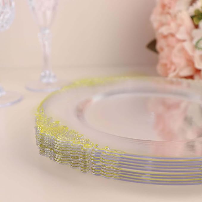 Efavormart 10 Pack | 8" Clear and Gold Baroque Dessert Plates, Leaf Embossed Metallic Rim Shatterproof Appetizer Plates for Boutique Receptions