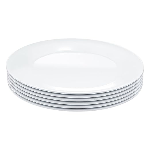 Amazon Basics Melamine Plate, Dishwasher Safe, Food Safe, BPA Free, 10.5 in, White, 6-Piece Set
