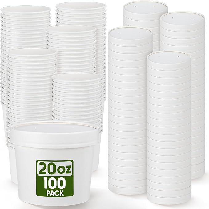Fulmoon 100 Pack Paper Soup Containers with Lids Disposable Paper Food Containers with Vented Lid Kraft Ice Cream Cake Dessert Cups Soup Bowl for Party Hot Food Fruit Microwave(20 oz,White)