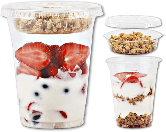 Aatriet 12 oz Clear Plastic Parfait Cups with Insert 3.25oz & Flat Lids No Hole - (20 Sets) Yogurt Fruit Parfait Cups for Kids, for Dips and Veggies, Take Away Breakfast and Snacks. No Leaking