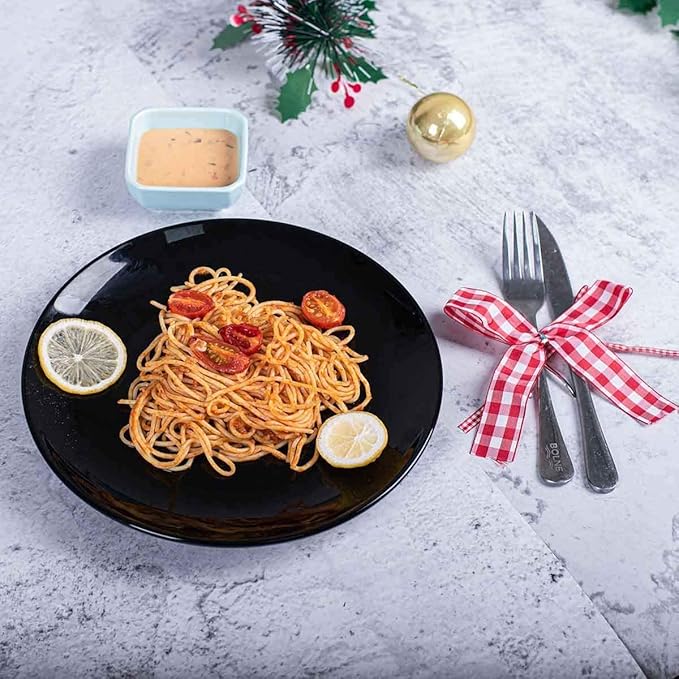 DELLING 10 Inch Black Dinner Plates Set of 4, Porcelain Round Plates - Microwave & Dishwasher Safe, Chip Resistant - Modern Matte Black Plates for Everyday Dining & Entertaining