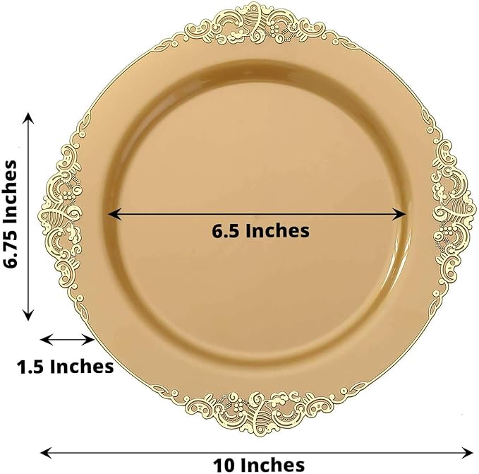 Efavormart 10 Pack | 10" All-Gold Baroque Dinner Plates, Leaf Embossed Metallic Rim Heavy Duty Serving Plates for Prestigious Ballroom Events