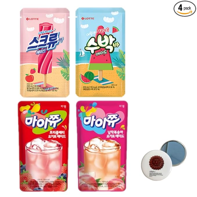 Korean Covenienve Store Drink Pouch Sampler Set - 5 PACK 10 PACK (grape, strawberry, blue lemonade, peach ice tea, shine muscat) + dalgaru yakgwa mirror (2024 SUMMER ADE 4 PACK)