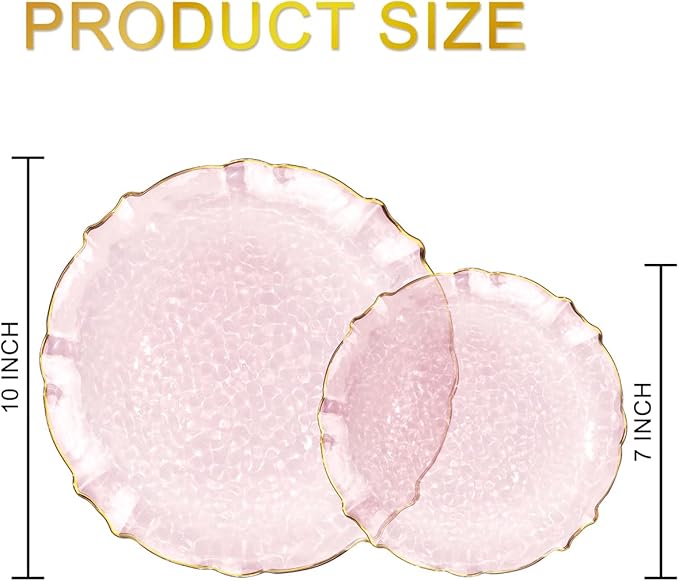 bUCLA 40PCS Clear Pink and Gold Plastic Plates - Fancy Pink Hammered with Gold Lace-Edge Disposable Plates - Include 20 Each (10inch Dinner & 7inch Dessert) Plates for Party, Birthday & Wedding