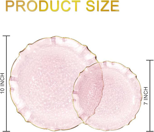 bUCLA 40PCS Clear Pink and Gold Plastic Plates - Fancy Pink Hammered with Gold Lace-Edge Disposable Plates - Include 20 Each (10inch Dinner & 7inch Dessert) Plates for Party, Birthday & Wedding