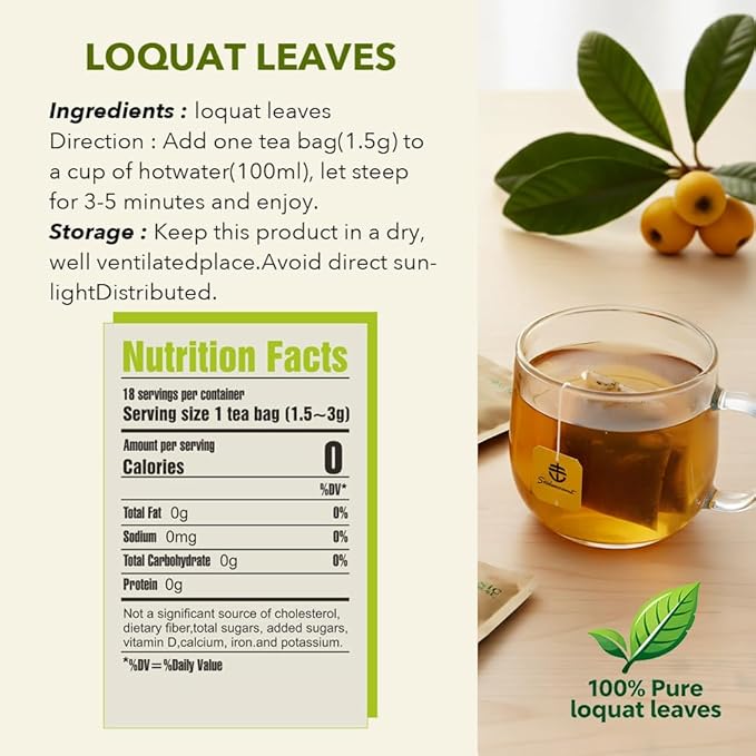 Soilmount - Loquat Leaf Tea - |Eriobotrya Japonica Tea|枇杷叶|Pipaye|비파엽| - Pure Herbal Tea - Natural, Organic, Non-GMO, Clean Ingredients, Caffeine Free (18 Tea Bags, Box 1)