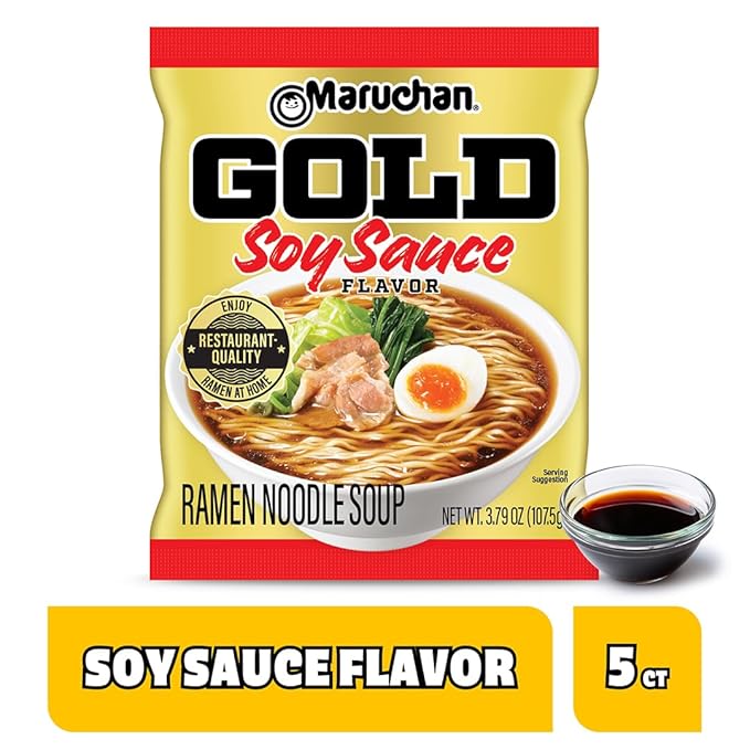 Maruchan Gold Ramen Noodle Soup, Soy Sauce Flavor – Restaurant Quality Japanese-Style Instant Noodles, Quick & Easy Meal – 3.79 Oz. (5 Pack)