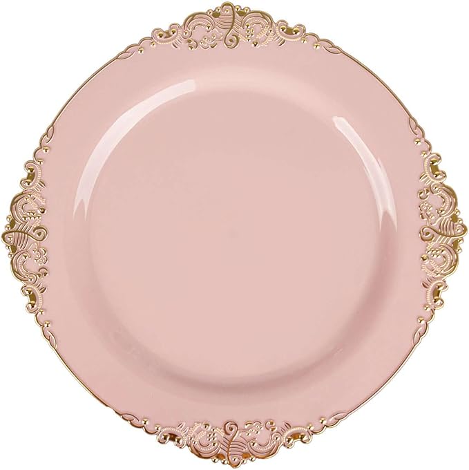 Efavormart 10 Pack | 8" Blush Rose and Gold Baroque Dessert Plates, Leaf Embossed Metallic Rim Heavy Duty Appetizer Plates for Romantic Showers