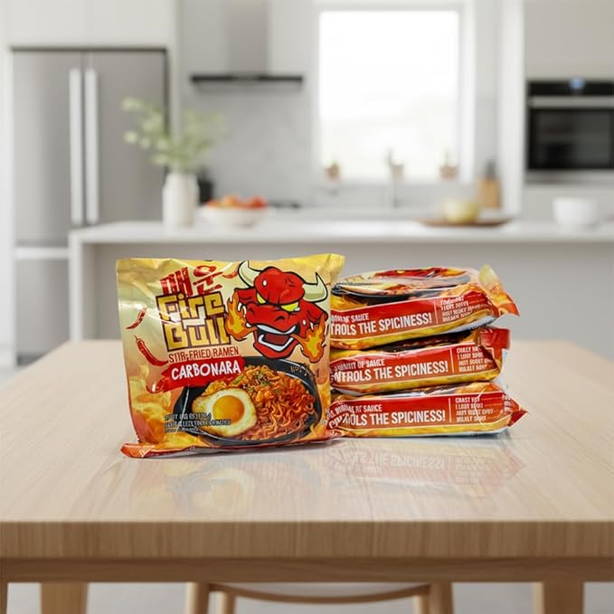 [Fire Bull Ramen] Intense Spicy Carbonara Stir-Fried Ramen | Authentic Korean Heat Meets Flavorful Delight | Thick, Chewy Noodle (4 Pouches)