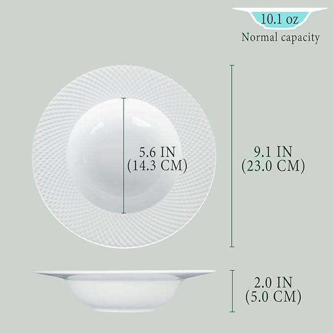 Ceramics Rimmed Soup Bowls 10.1 oz, White 9.1 inch Exquisite small soup plate Set of 4, Pasta plates With Rim is the best choice for hotels, kitchens, fine restaurants and gourmets