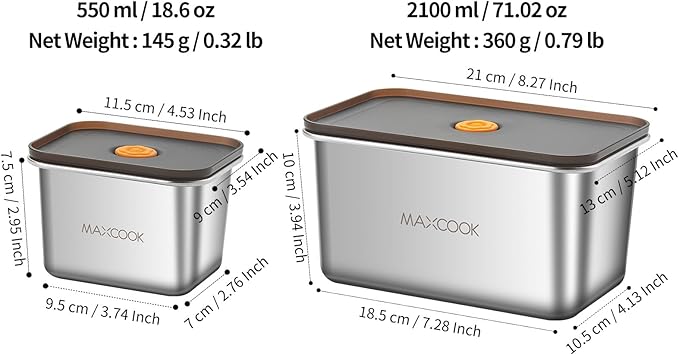 Stainless Steel Food Containers with Lids, 18.6 oz & 71 oz Food Storage Container set, Metal Food Container Bento Box, Snack Container set with Lid,Dishwasher & Freezer Safe(2100 ml & 550 ml)