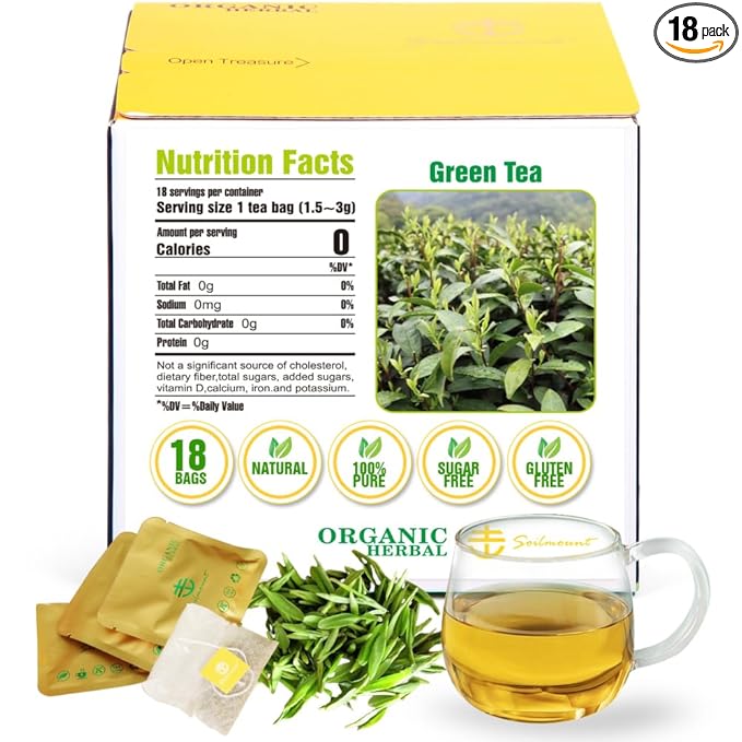 Soilmount Organic Longjing Tea - Chinese Green Tea - 18 Individually Wrapped Packets - Fresh Aroma, Balanced Sweetness, Suitable for Hot or Iced Tea