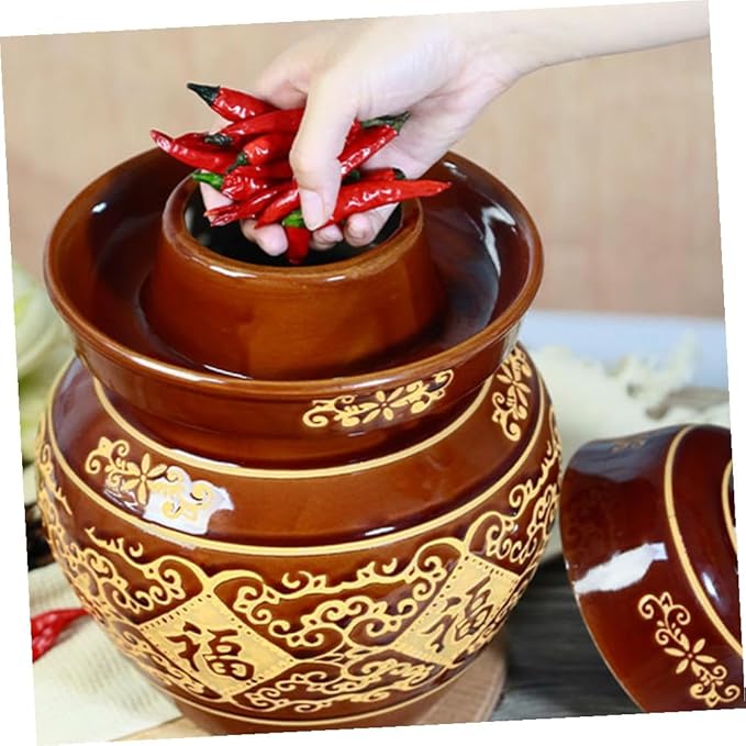 ULTECHNOVO Earthenware Pickle Jar 4lb Thickened Ceramic Chinese Kimchi Crock with Sealed Lid for Vegetable Fermenting and Sauerkraut Storage, Traditional Pottery Jar for Home Use
