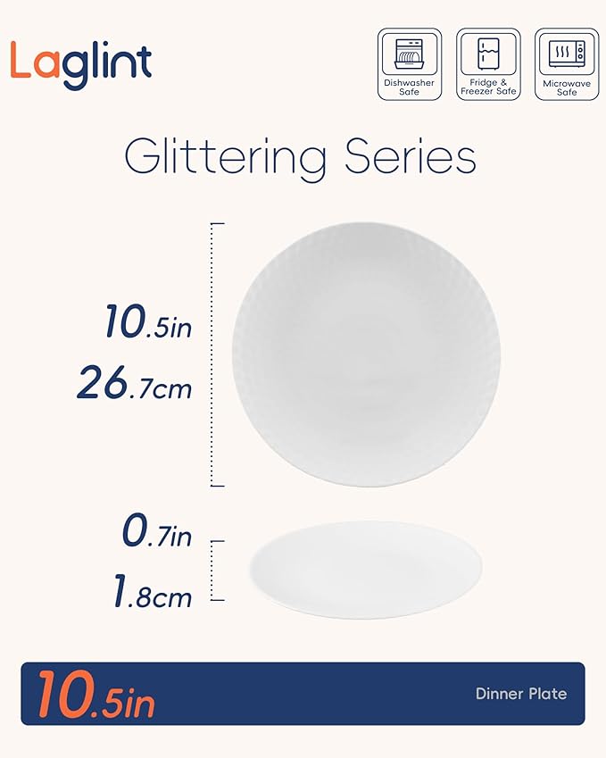 LaGlint 10.5 inch Dinner Plate Set of 6, Round Opal Glass Geometric Faceted White Dinnerware Plates, Dishwasher and Microwave Safe