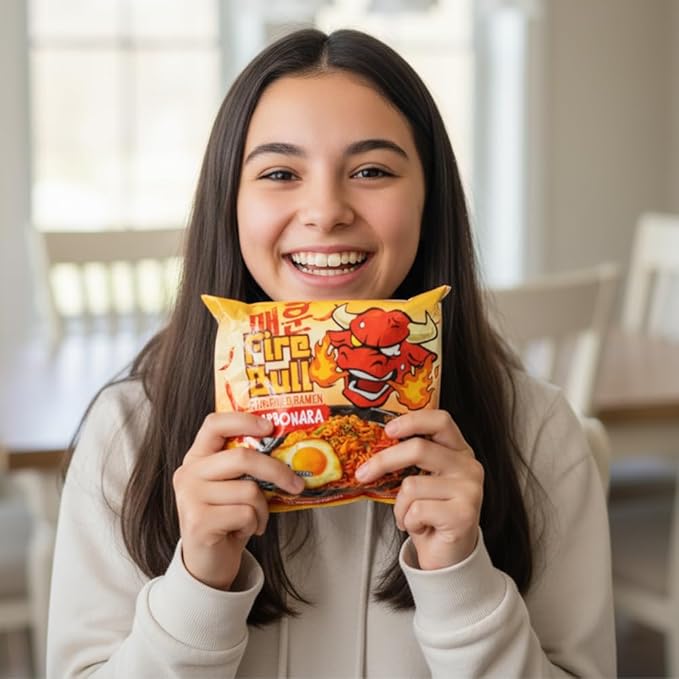 [Fire Bull Ramen] Intense Spicy Carbonara Stir-Fried Ramen | Authentic Korean Heat Meets Flavorful Delight | Thick, Chewy Noodle (4 Pouches)