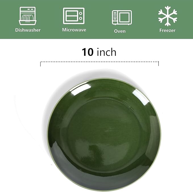 vicrays Ceramic Round Plates Set of 6 - Porcelain 10 inch Dinner Plates for Salad Dessert Appetizer Bread - Microwave Oven and Dishwasher Safe - Green