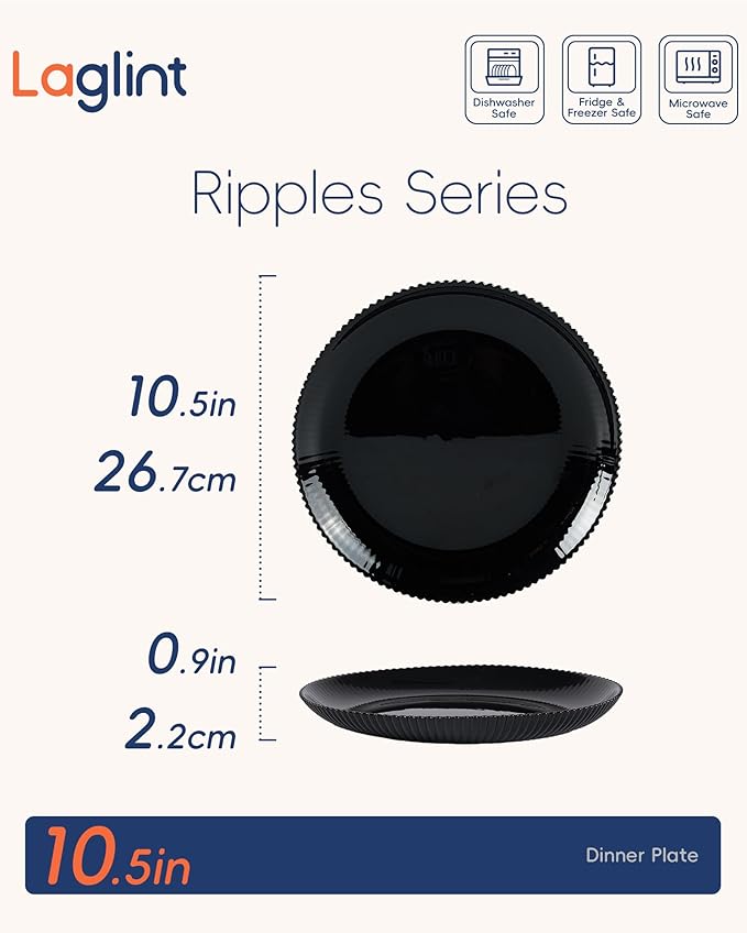 LaGlint 10.5 inch Ribbed Dinner Plate Set of 6, Round Opal Glass Black Dinnerware Plates, Dishwasher and Microwave Safe