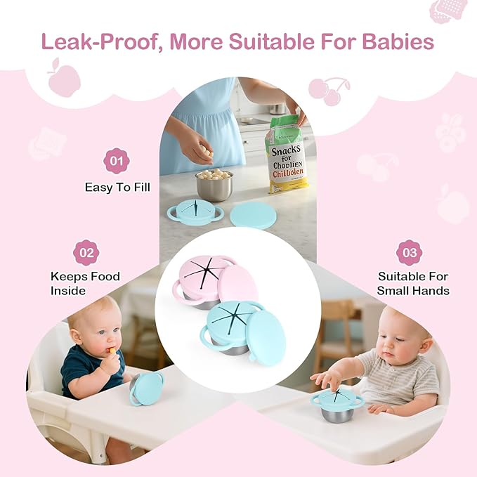 Daximo 2 Pack Snack Cups for Toddlers Spill Proof - Detachable Stainless Steel Toddler Snack Cups with Silicone Lids & Handles - Dishwasher Safe Baby Snack Containers (Light blue and Light pink)