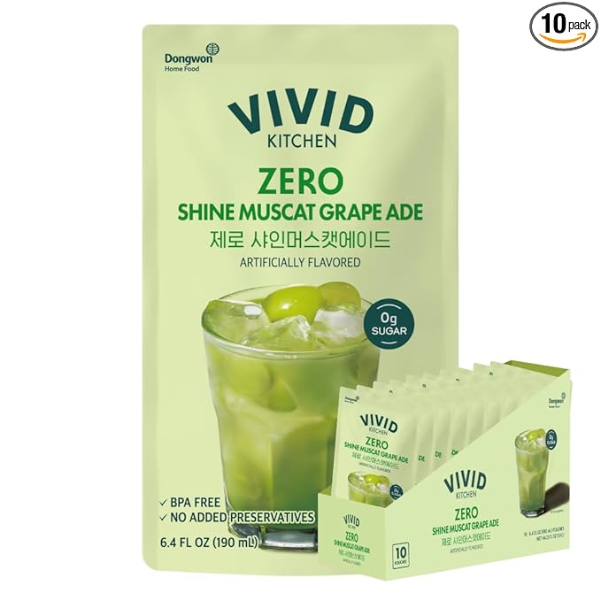 VIVID KITCHEN Korean Grape Ade – Shine Muscat Flavor – Zero Sugar, Zero Calories – 6.4 fl oz (10 Pouches) – No Preservatives or Corn Syrup – Natural Korean Drink for Hydration & Refreshment