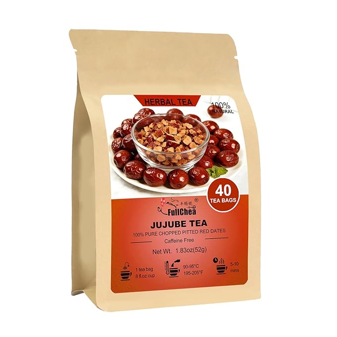 FullChea - Jujube Tea, 40 Teabags – Premium Pitted Jujube Dates Tea Bags – Non-GMO - Caffeine-Free – Naturally Sweet, Smooth and Gently Nourishing – Traditionally Used for Calm Evenings