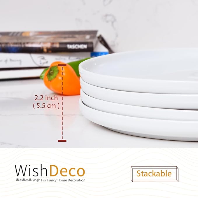 WishDeco White Dinner Plates Set of 4, Ceramic Dining Plates 10.5 inch, Large Salad Plate, Porcelain Kitchen Plate for Pizza, Steak, Microwave and Dishwasher Safe
