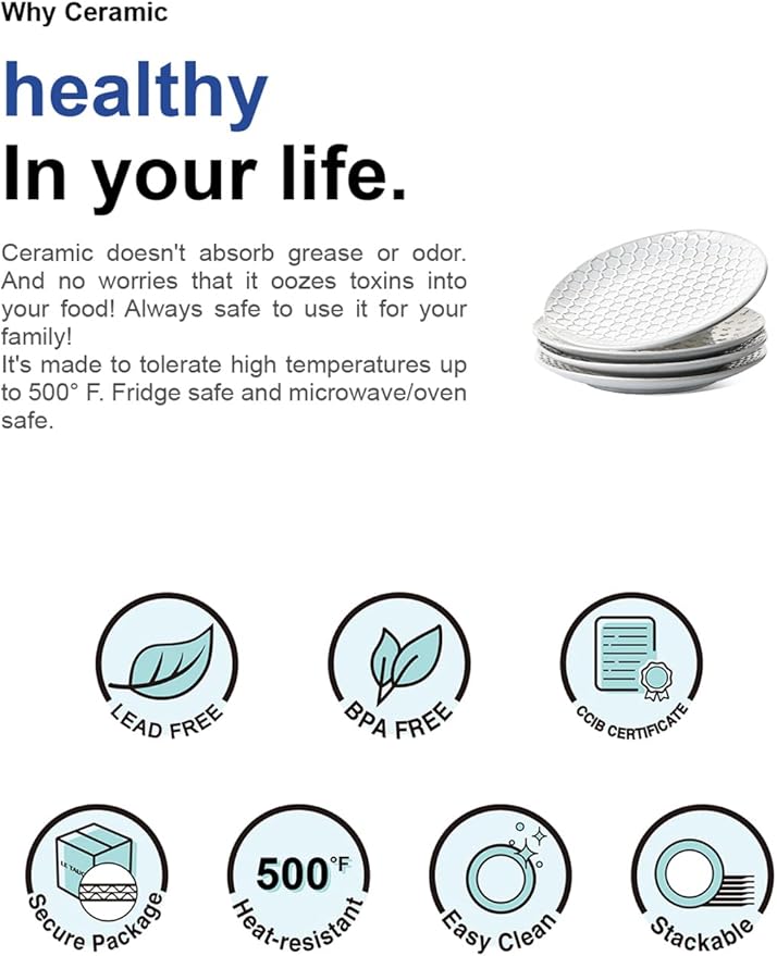 LE TAUCI 8 Inch Ceramic Salad Plates Set of 4, Modern Embossed Appetizer Plates for Kitchen, Small Dessert Plates, Microwave & Dishwasher Safe Dinnerware Sets - Arctic White