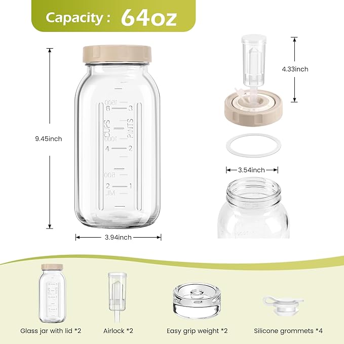 64oz Glass Fermentation Jar, 2L Glass Fermenting Jar with Dial Date Tracker Lids, Airlocks & Weights, Fermenting Kit for Sauerkraut, Pickling, Kombucha & Cider(2 Pack Jars Included）