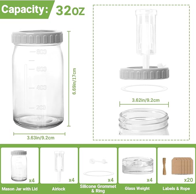 4-Pack Mason Jar Fermentation Kit(Jars Included) Four 32oz Fermentation Jars with Plastic Fermenting Lids, Airlocks, Silicone Rings & Grommets, and Glass Weights for Easy Fermenting & Storage
