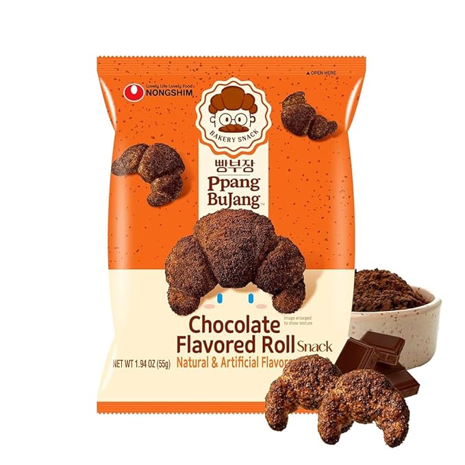 Nongshim Ppang Bujang Chocolate Flavored Roll Snack - Chocolate Flavor Croissant Bakery Good with Cocoa Powder, Soft and Crunchy Korean Snack, 1.94 oz (Pack of 16)