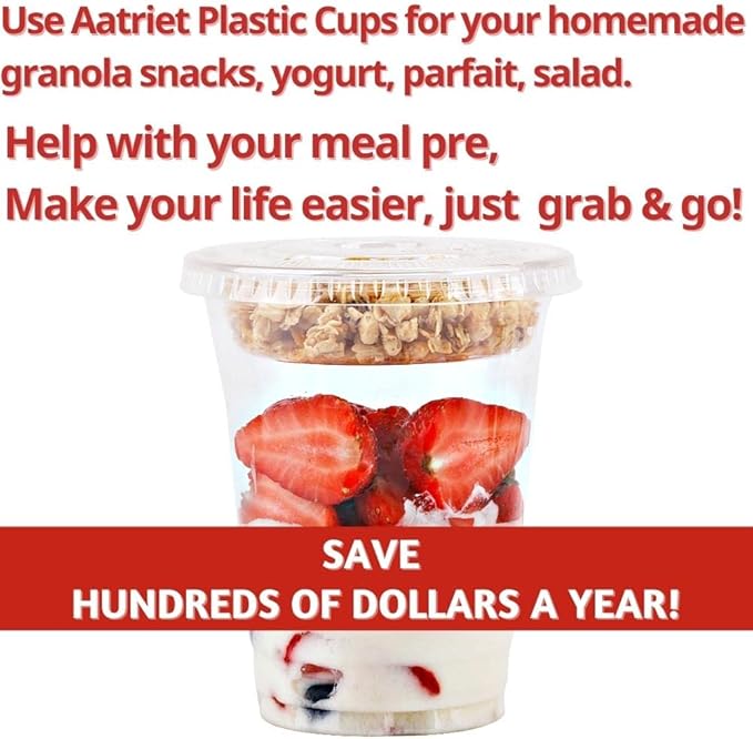 Aatriet 12 oz Clear Plastic Parfait Cups with Insert 3.25oz & Flat Lids No Hole - (20 Sets) Yogurt Fruit Parfait Cups for Kids, for Dips and Veggies, Take Away Breakfast and Snacks. No Leaking