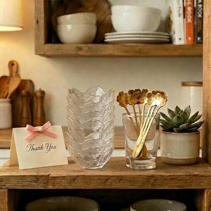 3.3” Small Sakura Dipping Bowls Set with Gold Spoons，Clear Glass Sauce Dishes with Gold Trim for Soy Sauce, Sushi, Snacks, and Party Appetizers （2 Bowls+2 Spoons）