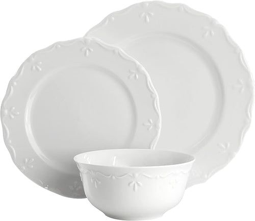 Elama Henryi 18 Piece Embossed Rim Detail Porcelain White Dinnerware Set, Tableware Set, Serveware (18 Piece)