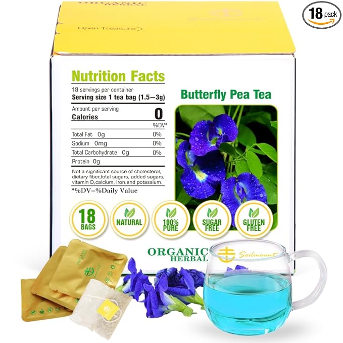 Soilmount Butterfly Pea Tea (Hu Die Lan/蝴蝶蓝)| Natural Herbal Drink | 18 Bags per Box, Refreshing & Beautiful, Perfect for Daily Enjoyment
