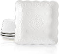 Tebery Set of 4 Square Embossed Ceramic Plate, 10 Inch Elegant Dinner Plates Ivory White, Appetizer Salad Serving Plates Kitchen Plates for Christmas Afternoon Tea Banquet Wedding Party Steak Pasta