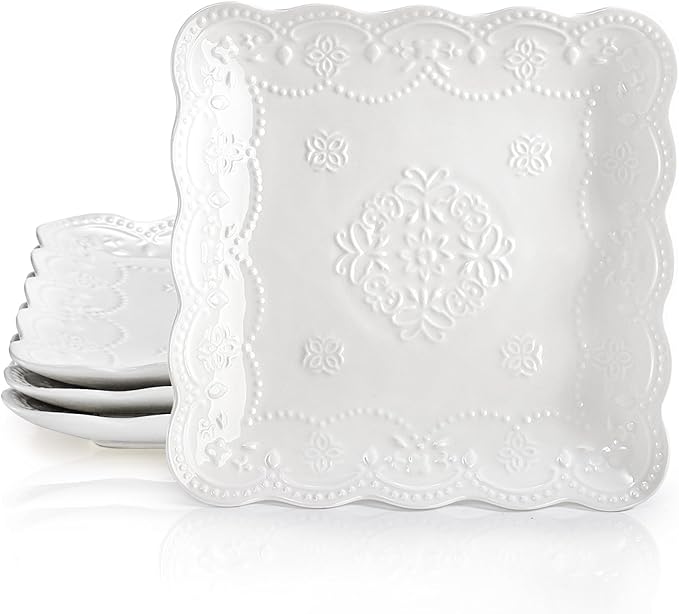 Tebery Set of 4 Square Embossed Ceramic Plate, 10 Inch Elegant Dinner Plates Ivory White, Appetizer Salad Serving Plates Kitchen Plates for Christmas Afternoon Tea Banquet Wedding Party Steak Pasta