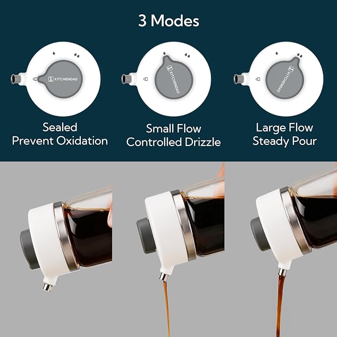 KITCHENDAO Precision Pour Glass Soy Sauce Dispenser with 3 Modes, Drip-free Spout, Two Adjustable Flowing Speed, 6 oz Oil Dispenser Bottle for Kitchen, Borosilicate Glass Olive Oil Bottle for Cooking