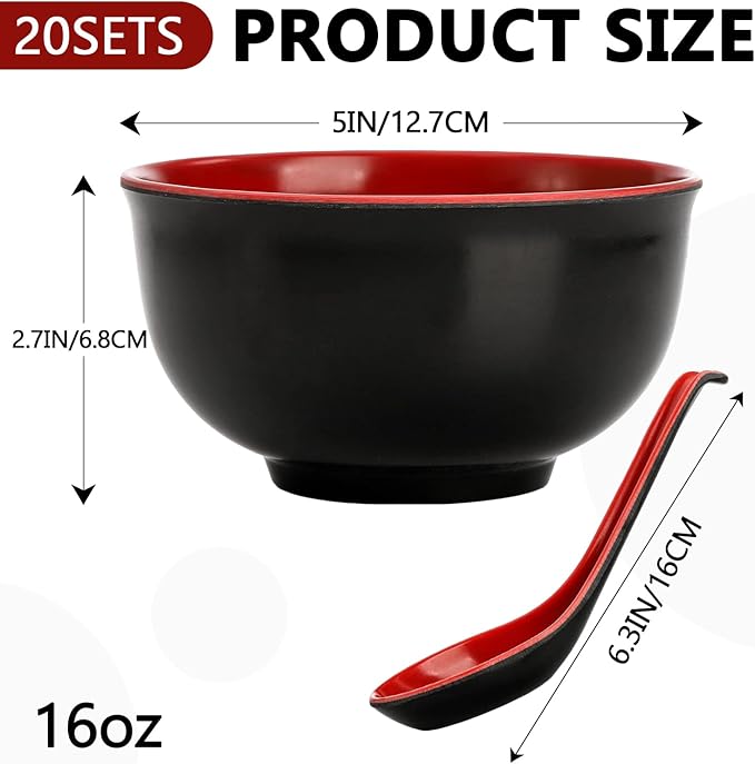 20 Pack Miso Soup Bowls with Spoons, 16 Oz Japanese Melamine Noodle Bowl Unbreakable Miso Soup Cereal Bowls or Ramen, Udon, Soba, Pho (Black/Red)
