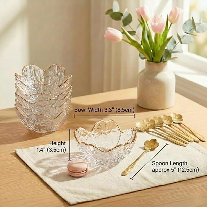 3.3” Small Sakura Dipping Bowls Set with Gold Spoons，Clear Glass Sauce Dishes with Gold Trim for Soy Sauce, Sushi, Snacks, and Party Appetizers （2 Bowls+2 Spoons）